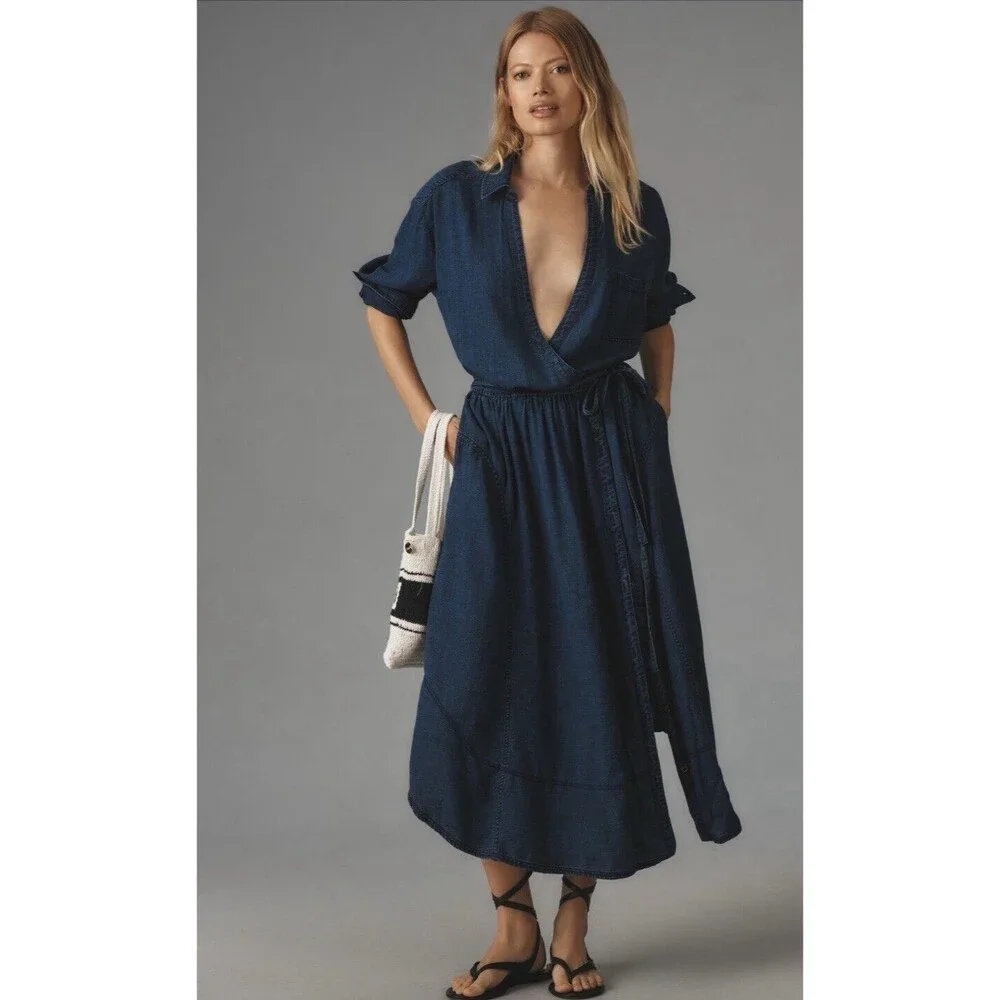 Anthropologie Pilcro Dress Wrap Midi Blue V Neck Cotton Preppy Boho Medium NWT